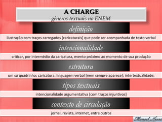 A CHARGE
gêneros textuais no ENEM
definição
ilustração	
  com	
  traços	
  carregados	
  [caricaturais]	
  que	
  pode	
  ser	
  acompanhada	
  de	
  texto	
  verbal	
  
intencionalidade
criDcar,	
  por	
  intermédio	
  da	
  caricatura,	
  evento	
  próximo	
  ao	
  momento	
  de	
  sua	
  produção	
  
estrutura
um	
  só	
  quadrinho;	
  caricatura;	
  linguagem	
  verbal	
  [nem	
  sempre	
  aparece];	
  intertextualidade;	
  
tipos textuais
intencionalidade	
  argumentaDva	
  [com	
  traços	
  injunDvos]	
  
contexto de circulação
jornal,	
  revista,	
  internet,	
  entre	
  outros	
  
 