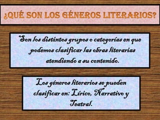 Son los distintosgrupos o categorías en que
podemos clasificar las obras literarias
atendiendoa su contenido.
Los géneros ...