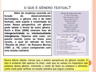 O QUE É GÊNERO TEXTUAL?
Além da mudança ocorrida em
função do desenvolvimento
tecnológico, o gênero não é de todo
fechado, está sujeito à criatividade do
autor. Nessa perspectiva, um gênero
pode adotar a forma de outro gênero.
Koch e Elias (2006) chamam isso de
intergenericidade ou intertextualidade
intergêneros. Vejamos este caso: um
poema escrito como se fosse uma
receita, o qual foi retirado do livro
“Receita de olhar”, de Roseana Murray
(1997, p. 18). Leia-o comparando com
uma receita culinária:
Numa leitura rápida, vemos que a autora apropria-se do gênero receita. E
isso é evidente não apenas no título, visto que os verbos no imperativo são
próprios desse gênero, indicando o modo de fazer ou preparar o alimento,
como você pode verificar na receita culinária que segue o poema.
 