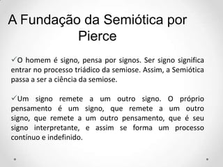 A Fundação da Semiótica por
Pierce
O homem é signo, pensa por signos. Ser signo significa
entrar no processo triádico da semiose. Assim, a Semiótica
passa a ser a ciência da semiose.
Um signo remete a um outro signo. O próprio
pensamento é um signo, que remete a um outro
signo, que remete a um outro pensamento, que é seu
signo interpretante, e assim se forma um processo
contínuo e indefinido.
 