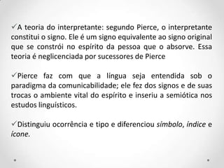 A teoria do interpretante: segundo Pierce, o interpretante
constitui o signo. Ele é um signo equivalente ao signo original
que se constrói no espírito da pessoa que o absorve. Essa
teoria é neglicenciada por sucessores de Pierce
Pierce faz com que a língua seja entendida sob o
paradigma da comunicabilidade; ele fez dos signos e de suas
trocas o ambiente vital do espírito e inseriu a semiótica nos
estudos linguísticos.
Distinguiu ocorrência e tipo e diferenciou símbolo, índice e
ícone.
 