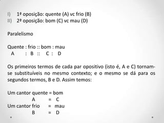 I) 1ª oposição: quente (A) vc frio (B)
II) 2ª oposição: bom (C) vc mau (D)
Paralelismo
Quente : frio :: bom : mau
A : B :: C : D
Os primeiros termos de cada par opositivo (isto é, A e C) tornam-
se substituíveis no mesmo contexto; e o mesmo se dá para os
segundos termos, B e D. Assim temos:
Um cantor quente = bom
A = C
Um cantor frio = mau
B = D
 