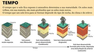 TEMPO
O tempo que o solo fica exposto à atmosfera determina a sua maturidade. Os solos mais
velhos, em sua maioria, são mais profundos que os solos mais novos.
O tempo que um solo leva para se formar depende do tipo de rocha, do clima e do relevo
 