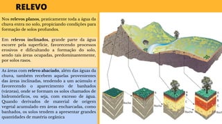 RELEVO
Nos relevos planos, praticamente toda a água da
chuva entra no solo, propiciando condições para
formação de solos profundos.
Em relevos inclinados, grande parte da água
escorre pela superfície, favorecendo processos
erosivos e dificultando a formação do solo,
sendo tais áreas ocupadas, predominantemente,
por solos rasos.
As áreas com relevo abaciado, além das águas da
chuva, também recebem aquelas provenientes
das áreas inclinadas, tendendo a um acúmulo e
favorecendo o aparecimento de banhados
(várzeas), onde se formam os solos chamados de
hidromórficos, ou seja, com excesso de água.
Quando derivados de material de origem
vegetal acumulado em áreas encharcadas, como
banhados, os solos tendem a apresentar grandes
quantidades de matéria orgânica
 