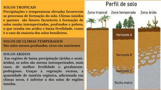 SOLOS TROPICAIS
Precipitações e temperaturas elevadas favorecem
os processos de formação do solo. Climas úmidos
e quentes são fatores favoráveis à formação de
solos muito intemperizados, profundos e pobres,
o que resulta em acidez e baixa fertilidade, como
é o caso da maioria dos solos brasileiros.
SOLOS DE CLIMAS TEMPERADOS
São solos menos profundos, ricos em nutrientes
SOLOS ÁRIDOS
Em regiões de baixa precipitação (áridas e semi-
áridas), os solos são menos intemperizados, mais
rasos, de melhor fertilidade e, geralmente,
pedregosos. Graças à vegetação escassa, a
quantidade de matéria orgânica, adicionada em
climas secos, é inferior à dos solos de regiões
úmidas.
 