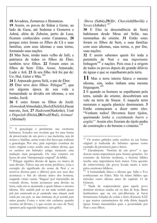 18 Arvadeus, Zemareus e Hemateus.
19 Assim, os povos de Sídon e Gerar, ao
lado de Gaza, até Sodoma e Gomorra e
Admá, além de Zeboim, perto de Lasa,
ficaram conhecidos como Cananeus, 20
porque estes foram os filhos de Cã e suas
famílias, com seus idiomas e suas terras,
formando suas nações.
21 Mas Sem, irmão mais velho de Jafé, e
patriarca de todos os filhos de Éber,
também teve filhos. 22 Foram estes os
filhos de Sem: Elão, Assur, Arpaxade,
Lude e Arã. 23 Já seu filho Arã foi pai de:
Uz, Hul, Géter e Más.105
24 E Arpaxade gerou Selá, o pai de Éber.
25 Éber teve dois filhos: Pelegue106
, que
em alguma época de sua vida a
humanidade se dividiu em idiomas, e seu
irmão, Joctã.
26 E estes foram os filhos de Joctã:
Alemodad(Almodade),Shalef(Selefe),Hazar
mavete, Jerá, 27 Hadoram(Hadorão), Uzal
e Diquelah (Dicla),28Oval(Obal), Avimael
(Abimael)
105
A genealogia é persistente nas escrituras
hebraicas. Estudos nos revelam que foi uma forma
de preservação de um povo e sua memória, seja de
nomes e famílias, assim como dos fatos que rodeiam
a genealogia. Por isto, pela repetição contínua do
texto original como sendo uma ordem divina, que
os escritos em hebraico antigo merecem uma
tradução mais pesquisada. Ou seja: estamos em
busca de uma “interpretação original” da bíblia.
106
Pelegue significa divisão de águas, ou marco de
uma divisão. Talvez seja um nome profético, (veja o
exemplo do significado do nome de Noé e os
motivos divinos para o dilúvio) pois nos seus dias
aconteceu o fim do idioma único dos homens,
surgindo várias outras “línguas’ por intermédio da
vontade divina. Assim aconteceu uma divisão na
terra, cada um se ajuntando a quem falasse o mesmo
idioma. Mas também pode ser um nome recebido apenas
pelo fato acontecendo ou já acontecido; uma situação sendo
vivida por seus pais, ou uma lembrança do já ocorrido para
outras gerações. Como o texto não esclarece quando
ocorreu tal divisão, ( o que ocorre no caso de Noé)
optamos pela segunda hipótese. (em grifo).
Sheva (Sabá),29Ofir, Chavylah(Havilá) e
Yovav.(Jobabe) 107
30 E Eles (a descendência de Sem)
habitaram desde Mesa até Sefar, nas
montanhas do oriente. 31 Então estes
foram os filhos de Sem, e suas famílias
com seus idiomas, suas terras, e, por fim,
suas nações.
32 E assim sabemos quem foi toda a
parentela de Noé e sua importante
linhagem108
e nações. Pois essa é a origem
de todos os povos depois do grande dilúvio
de águas e que se espalharam pela terra.
11 Mas a terra inteira falava o mesmo
idioma, sim, todos tinham uma mesma
linguagem.109
2 E quando os homens se espalharam pela
terra, saindo do oriente, descobriram um
vale na terra de Sinear. E naquela terra
moraram e aquela planície dominaram. 3
Então começaram a dizer entre eles:
“Venham todos! Devemos fazer tijolos,
queimando lenha e cozinhando barro e
argila!” Assim eles fizeram do tijolo pedra
de construção e do betume o cimento.110
107
Os nomes grifados estão escritos na sua forma
original já traduzida do hebraico apenas como
exemplo de pronúncia para o leitor.
108
Literalmente: “história de um povo” o que
denota muita importância para futuras gerações. Ao
contrario da história moderna, a história bíblica
recebe uma importância bem maior. Uma questão
de sobrevivência (do povo) levada muito a sério
pelos escritores bíblicos.
109
A humanidade falava o idioma que Adão e Eva
conheceram no Éden. Não há relato bíblico que
introduz outro idioma antes do capítulo 11 de
Gênesis.
110
Nada de surpreendente para aquele povo
dominar técnicas usadas até os dias de hoje. Basta
lembrarmos que na era pré-diluviana já havia
ferramentas forjadas do cobre e ferro (Gênesis 4:22)
e que muitos ensinamentos da vida diária daquela
época foram transmitidos para a posteridade por
Noé e seus filhos.
 