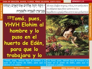 Original Hebreo   CASA DE ORACIÓN, DANIEL FLORES, PÉREZ ZELEDÓN, COSTA RICA              GÉNESIS 2,15




                                                                                                           Versión de los Setenta (Septuaginta)
                      15Tomó, pues,
                   YHVH Elohim al
                     hombre y lo
                       puso en el
                   huerto de Edén,
                      para que lo
                    trabajara y lo
                        cuidara.
                   15Tomó,  pues, Jehová Dios al hombre y lo
                   puso en el huerto de Edén, para que lo
                   labrara y lo cuidara.
                                                               15 Tomó, pues, Yahveh Dios al hombre y le
                                                               dejó en al jardín de Edén, para que lo
                                                               labrase y cuidase.
                             Reina Valera 1995                                Biblia Jerusalén 1975
 