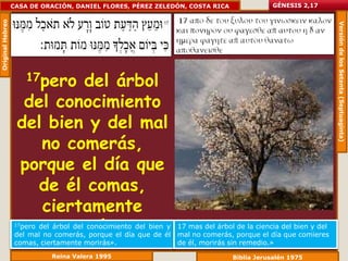 Original Hebreo   CASA DE ORACIÓN, DANIEL FLORES, PÉREZ ZELEDÓN, COSTA RICA                  GÉNESIS 2,17




                                                                                                                 Versión de los Setenta (Septuaginta)
                      17pero
                           del árbol
                    del conocimiento
                   del bien y del mal
                      no comerás,
                   porque el día que
                      de él comas,
                      ciertamente
                       morirás».
                   17perodel árbol del conocimiento del bien y
                   del mal no comerás, porque el día que de él
                                                                 17 mas del árbol de la ciencia del bien y del
                                                                 mal no comerás, porque el día que comieres
                   comas, ciertamente morirás».                  de él, morirás sin remedio.»
                             Reina Valera 1995                                   Biblia Jerusalén 1975
 