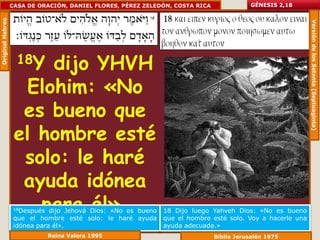 Original Hebreo   CASA DE ORACIÓN, DANIEL FLORES, PÉREZ ZELEDÓN, COSTA RICA              GÉNESIS 2,18




                                                                                                            Versión de los Setenta (Septuaginta)
                    18Ydijo YHVH
                    Elohim: «No
                    es bueno que
                   el hombre esté
                    solo: le haré
                    ayuda idónea
                      para él».
                   18Después  dijo Jehová Dios: «No es bueno   18 Dijo luego Yahveh Dios: «No es bueno
                   que el hombre esté solo: le haré ayuda      que el hombre esté solo. Voy a hacerle una
                   idónea para él».                            ayuda adecuada.»
                               Reina Valera 1995                              Biblia Jerusalén 1975
 