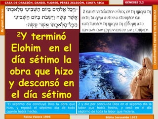 Original Hebreo   CASA DE ORACIÓN, DANIEL FLORES, PÉREZ ZELEDÓN, COSTA RICA                  GÉNESIS 2,2




                                                                                                                 Versión de los Setenta (Septuaginta)
                         2Y
                         terminó
                    Elohim en el
                    día sétimo la
                    obra que hizo
                    y descansó en
                    el día sétimo
                      de toda la                               2 y dio por concluida Dios en el séptimo día la
                   2El séptimo día concluyó Dios la obra que
                   hizo, y reposó el séptimo día de todo       labor que había hecho, y cesó en el día
                   cuanto había hecho.                         séptimo de toda la labor que hiciera.
                             Reina Valera 1995                                  Biblia Jerusalén 1975
 