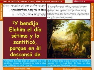 Original Hebreo   CASA DE ORACIÓN, DANIEL FLORES, PÉREZ ZELEDÓN, COSTA RICA                     GÉNESIS 2,3




                                                                                                                      Versión de los Setenta (Septuaginta)
                            3Y
                             bendijo
                        Elohim el día
                         sétimo y lo
                          santificó,
                        porque en él
                        descansó de
                        toda la obra
                   3Entonces   bendijo Dios el séptimo día y lo
                   santificó, porque en él reposó de toda la obra
                                                                    3 Y bendijo Dios el día séptimo y lo santificó;
                                                                    porque en él cesó Dios de toda la obra

                          que creó
                   que había hecho en la creación.                  creadora que Dios había hecho.
                               Reina Valera 1995                                    Biblia Jerusalén 1975
 