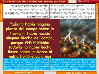 Original Hebreo   CASA DE ORACIÓN, DANIEL FLORES, PÉREZ ZELEDÓN, COSTA RICA                   GÉNESIS 2,5




                                                                                                                  Versión de los Setenta (Septuaginta)
                         5aún     no había ninguna
                     planta del campo sobre la
                         tierra ni había nacido
                     ninguna hierba del campo,
                          porque YHVH Elohim
                        todavía no había hecho
                       llover sobre la tierra ni
                        había hombre para que
                   sobre la tierra ni había la tierra, campo, y ninguna hierba del campo había
                          trabajara nacido ninguna
                   5aún no había ninguna planta del campo 5 no había aún en la tierra arbusto alguno del

                   hierba del campo, porque Jehová Dios            germinado todavía, pues Yahveh Dios no
                   todavía no había hecho llover sobre la tierra   había hecho llover sobre la tierra, ni había
                   ni había hombre para que labrara la tierra,     hombre que labrara el suelo.
                             Reina Valera 1995                                     Biblia Jerusalén 1975
 
