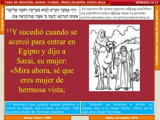 Original Hebreo   CASA DE ORACIÓN, DANIEL FLORES, PÉREZ ZELEDÓN, COSTA RICA                        GÉNESIS 12,11




                                                                                                                Versión de los Setenta (Septuaginta)
                  11Y  sucedió cuando se
                    acercó para entrar en
                       Egipto y dijo a
                      Sarai, su mujer:
                    «Mira ahora, sé que
                       eres mujer de
                       hermosa vista;
                  11Y aconteció que cuando estaba próximo a       11 Estando ya próximo a entrar en
                  entrar en Egipto, dijo a Sarai, su mujer: «Sé   Egipto, dijo a su mujer Saray: «Mira, yo sé
                  que eres mujer de hermoso aspecto;              que eres mujer hermosa.
                            Reina Valera 1995                                   Biblia Jerusalén 1976
 