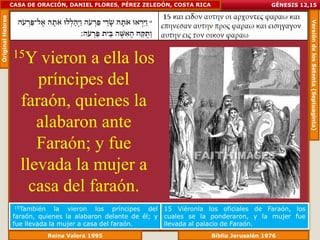 Original Hebreo   CASA DE ORACIÓN, DANIEL FLORES, PÉREZ ZELEDÓN, COSTA RICA                      GÉNESIS 12,15




                                                                                                            Versión de los Setenta (Septuaginta)
                  15Y    vieron a ella los
                        príncipes del
                     faraón, quienes la
                        alabaron ante
                        Faraón; y fue
                     llevada la mujer a
                       casa del faraón.
                   15También    la vieron los príncipes del      15 Viéronla los oficiales de Faraón, los
                  faraón, quienes la alabaron delante de él; y   cuales se la ponderaron, y la mujer fue
                  fue llevada la mujer a casa del faraón.        llevada al palacio de Faraón.
                               Reina Valera 1995                              Biblia Jerusalén 1976
 
