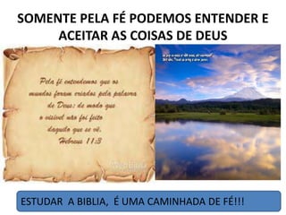 SOMENTE PELA FÉ PODEMOS ENTENDER E
ACEITAR AS COISAS DE DEUS
ESTUDAR A BIBLIA, É UMA CAMINHADA DE FÉ!!!
 