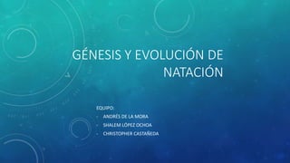 GÉNESIS Y EVOLUCIÓN DE
NATACIÓN
EQUIPO:
- ANDRÉS DE LA MORA
- SHALEM LÓPEZ OCHOA
- CHRISTOPHER CASTAÑEDA
 