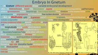 Embryo In Gnetum
• In Gnetum, different species show variable embryonal development.
(Acc. to Maheshwari &Vasil, the first division of zygote in angiosperms is accompanied by wall formation
while in gymnosperms(except Sequoia spp.),free nuclear division.Thus, Gnetum in this respect forms a link b/w
gymnosperms and angiosperms as it shows both free nuclear division & cell division.)
• Acc. to Madhulata(1960), in G.gnemon: out of 2-4 zygotes, 1 remains functional and develops 1 or 2-3 small
tubular outgrowths,out of which only 1 receives nucleus while other disintegrates.The surviving outgrowths or PST
primary suspensor tubes coil around each other. A small
cell cuts off at the tip of PST, divides 1st transversely &
then longitudinally giving 4 cells which divide to form
cell mass. Some of it’s cells elongate/divide to form SST
or Secondary SuspensorTube while other cells form
EM i.e. Embryonal Mass.The Primary and Secondary
Suspensor helps in pushing embryo to endosperm.
At the end of pushing, stem tip with 2 lateral cotyledons
is formed at tip of EM while root tip with root cap is
formed at opp. side; thereafter feeder develops b/w the
root & shoot portion such that the resultant Mature
Embryo consists of stem tip, two cotyledons root tip &
root cap in respective sequence.
 