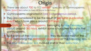  There are about 700 to 900 extant* species of Gymnosperms.
(Note: Extant- term refers to taxa still found to be living.)
 Gymnosperms originated in late carboniferous period.
 They are considered to be the result of genome duplication
event which took place around 319 Mya.
 The fossils of Pro-gymnosperms, belonging to late Devonian
period around 383 Mya, exhibit some characters found in the
gymnosperms.
 By the end of the Palaeozoic era, they replaced most of the
ferns becoming the dominant vegetation of the Mesozoic era.
 The end of Mesozoic era marked start of their extinction.
 