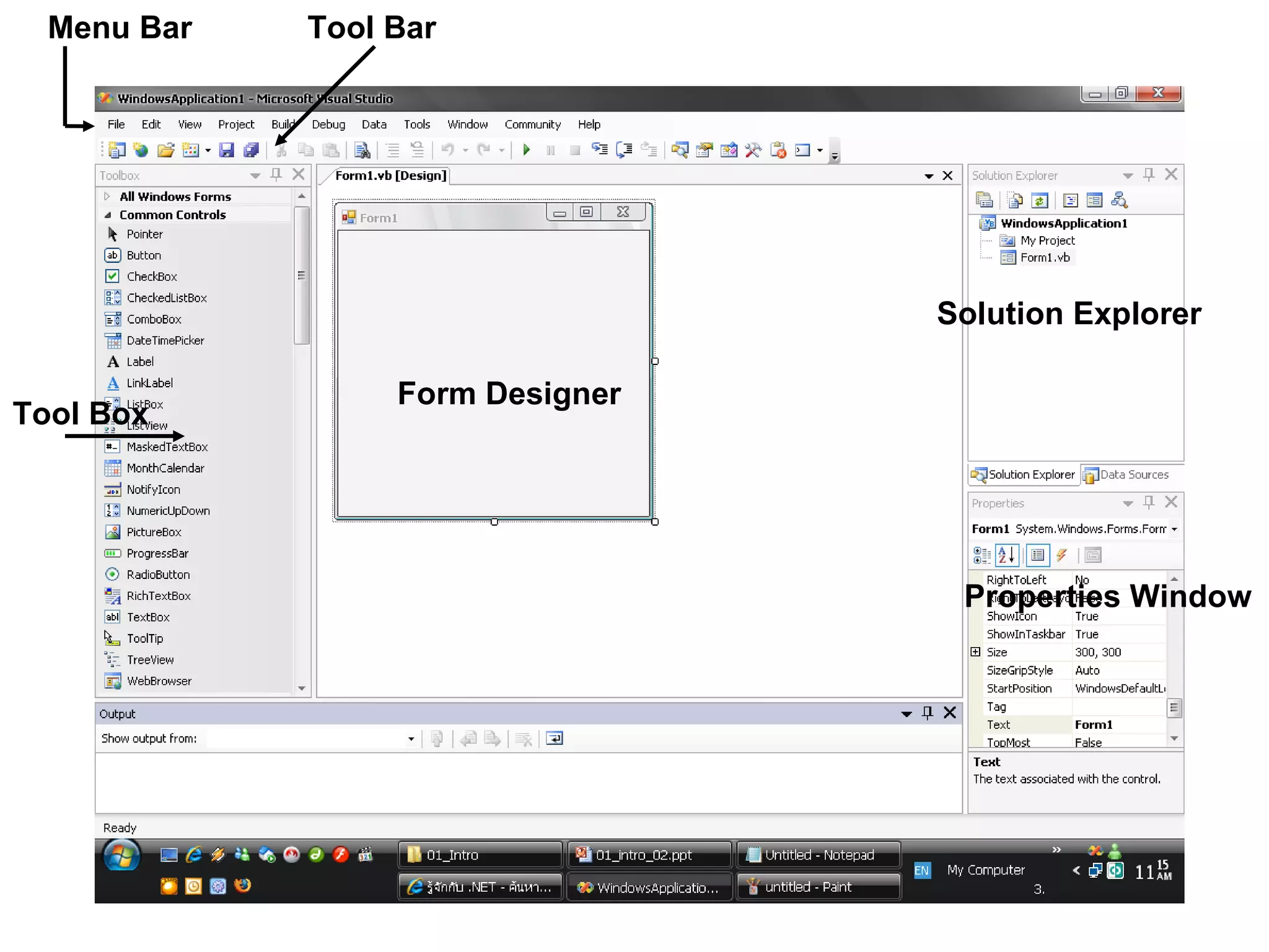 Menu Bar Tool Bar Tool Box Form Designer Solution Explorer Properties Window 