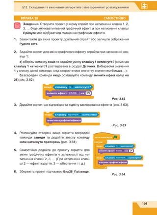 §12. Складання та виконання алгоритмів з повторенням і розгалуженням
ВПРАВА 28 САМОСТІЙНО
В
Завдання. Створити проект, у якому спрайт при натисненні клавіш 1,2,
З, ... буде змінювати певний графічний ефект, а при натисненні клавіші
Пропуск має відбуватися очищення графічних ефектів.
1. Завантажте до вікна проекту довільний спрайт або залиште зображення
Рудого кота.
2. Задайте скрипт для зміни графічного ефекту спрайта при натисненні кла­
віші 1:
а) оберіть команду якщо та задайте умову клавішу 1 натиснуто? (команда
клавішу 1 натиснуто? розташована в розділі Датчики. Вибираючи значення
1 у списку даної команди, слід скористатися спочатку значенням більше...);
б) всередині команди якщо розташуйте команду змінити ефект колір на
25 (рис. 3.62).
Рис. 3.62
3. Додайте скрипт, що відповідає за відміну застосованих ефектів (рис. 3.63).
як щ о к л ав іш у пропуск натиснуто? 1
очистити граф ічн і еф ек ти ^
______ і Рис. 3.63
4. Розташуйте створені вище скрипти всередині
команди завжди та додайте зверху команду
коли натиснуто прапорець (рис. 3.64).
5. Самостійно додайте до проекту скрипти для
зміни графічних ефектів у залежності від на­
тиснення клавіш 2, 3, ... (При натисненні клаві­
ші 2 — ефект вздуття, 3 — обертання і т. д.)
6. Збережіть проект під назвою Впр28_Прізвище.
Рис. 3.64
101
 