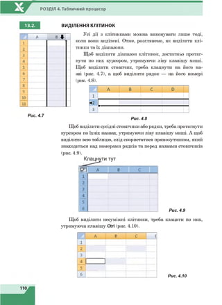 РОЗДІЛ 4. Табличний процесор
13.2. ВИДІЛЕННЯ КЛІТИНОК
А В Щг
1
1
2
3
4
5
6
7
3
9
10
11
Рис. 4.7
Усі дії з клітинками можна виконувати лише тоді,
коли вони виділені. Отже, розглянемо, як виділити клі­
тинки та їх діапазони.
Щоб виділити діапазон клітинок, достатньо протяг­
нути по них курсором, утримуючи ліву клавішу миші.
Щоб виділити стовпчик, треба клацнути на його на­
зві (рис. 4.7), а щоб виділити рядок — на його номері
(рис. 4.8).
Щоб виділити сусідні стовпчики або рядки, треба протягнути
курсором по їхніх назвах, утримуючи ліву клавішу миші. А щоб
виділити всю таблицю, слід скористатися прямокутником, який
знаходиться над номерами рядків та перед назвами стовпчиків
(рис. 4.9).
Клацнути тут
О Ї Г А В с
| і
| .
| з
І 4
І 5
|б Рис. 4.9
Щоб виділити несуміжні клітинки, треба клацати по них,
утримуючи клавішу СІМ(рис. 4.10).
А В с Е
1
2
3
4
5
б Рис. 4.10
 