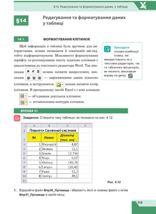 §14. Редагування та форматування даних у таблиці
§14
Редагування та форматування даних
у таблиці
14.1. ФОРМАТУВАННЯ КЛІТИНОК
Щоб інформація в таблиці була зручною для ви­
користання, можна змінювати її зовнішній вигляд,
тобто відформатовувати. Можливості форматування
шрифту та розташування тексту відносно клітинки є
аналогічними до текстового редактора Word. Так кно­
пками
пками
Ж К п можна змінити накреслення, кно-
— вирівнювання даних відносно
Пригадати
основні комбінації
клавіш, які
використовують як у
текстових редакторах, так
і в табличних процесорах,
ви зможете, виконавши
вправу на диску.
клітинки, а інструментом ^ - можна змінити колір
клітинки. В програмному засобі Excel є і нові команди:
— об’єднання декількох клітинок;
— встановлення контурів клітинок.
ВПРАВА 31
Завдання. Створити таку таблицю, як показано на рис. 4.12.
А В С D
1 Планети Сонячної системи
2
№ Назва
Діаметр
(тис. км)
3 1 Меркурій 4,87
4 2 Венера 12Д
5 3 Земля 12,756
6 4 Марс 6,67
7 5 Юпітер 143,76
8 6 Сатурн 120,42
9 7 Уран 51,3
10 8 Нептун 49,5
11
1. Відкрийте файл ВпрЗО_Прізвище і збережіть його в новому файлі з ім'ям
Впр31_Прізвище в своїй папці.
113
 