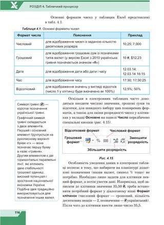 РОЗДІЛ 4. Табличний процесор
Основні формати чисел у таблицях Excel представлені
в табл. 4.1.
Таблиця 4.1. Основні формати чисел
Формат числа Пояснення Приклад
Числовий
для відображення чисел із заданою кількістю
десяткових розрядів
10,25; 7,000
Грошовий
для відображення грошових сум із позначками
типів валют (у версіях Ехсеі з 2010 українська
гривня позначається значком «§»)
10§, $12,23
Дата для відображення дати або дати і часу
12.03.14;
12.03.14 16:15
Час для відображення часу 17:30; 17:30:25
Відсотковий
для відображення значень у вигляді відсотків
(число 1 у клітинці буде визначено як 100%)
12,5%; 50%
Оскільки в електронних таблицях часто дово­
диться вводити числові значення, грошові суми та
відсотки, для швидкого вибору цих поширених фор­
матів, а також для зміни розрядності чисел у клітин­
ках у вкладці Основне на панелі Число передбачено
спеціальні кнопки (рис. 4.15).
Рис. 4.15
Особливість уведення даних в електронні табли­
ці полягає в тому, що набирати на клавіатурі додат­
кові позначення (назви валют, символ % тощо) не
потрібно. Необхідно лише задати для клітинки пев­
ний формат, а потім увести дані. Наприклад, щоб за­
писати до клітинки значення 35,50 8, треба встано­
вити потрібний формат у діалоговому вікні Формат
клітинок (числовий формат — грошовий, кількість
десяткових знаків — 2, позначення —8 український).
Після чого до клітинки ввести лише число 35,5.
Відсотковий формат Числовий формат
 /
Грошовий
формат-
НІ*Т
_ —■ - Ч% ооо І ^
І
Зменшити
"розрядність
Збільшити розрядність
Символ гривні (0) —
коротке позначення
української гривні.
Графічний символ
гривні складається
з двох елементів.
Перший і основний
елемент ґрунтується на
рукописному варіанті
букви «г» — вона
позначає першу букву
в назві «гривня».
Другим елементом є дві
горизонтальні паралельні
лінії, які втілюють
ідею стабільності
грошової одиниці,
високий потенціал і
зростання національної
економіки України.
Подібна ідея традиційно
використовується для
позначення інших валют.
*
116
 