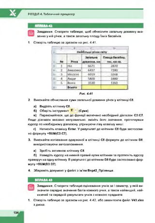 РОЗДІЛ 4. Табличний процесор
ВПРАВА 42
Завдання. Створити таблицю, щоб обчисли™ загальну довжину вка­
заних у ній річок, а також загальну площу їхніх басейнів.
1. Створіть таблицю за зразком на рис. 4.41.
Рис. 4.41
2. Виконайте обчислення суми загальної довжини річок у клітинці С8.
а) Виділіть клітинку С8.
б) Оберіть інструмент £ (Сума).
в) Переконайтеся, що до функції включено необхідний діапазон СЗ:С7.
Якщо діапазон вказано неправильно, змініть його значення, протягнувши
курсор по необхідному діапазону, утримуючи ліву клавішу миші.
г) Натисніть клавішу Enter. У результаті до клітинки С8 буде застосова­
но формулу =SUM(C3:C7).
3. Виконайте копіювання одержаної в клітинці С8 формули до клітинки D8.
використовуючи автозаловнення.
а) Зробіть активною клітинку С8.
б) Наведіть курсор на нижній правий кутик клітинки та протягніть курсор
праворуч на одну клітинку. В результаті до клітинки D8 буде застосовано фор­
мулу =SUM(D3:D7).
4. Збережіть документ у файлі з ім'ям Впр42_Г1різвище.
Завдання. Створити таблицю оцінювання учнів за І семестр, у якій ви­
значите середнє значення балів кожного учня, а також найвищий, най­
нижчий та середній результати учнів з кожного предмета.
1. Створіть таблицю за зразком на рис. 4.42, або завантажте файл M3.xlsx
з диска.
 