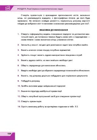 РОЗДІЛ 5. Розв'язування компетентнісних задач
Створіть презентацію з краєвидами пропонованого міста, визначних
місць, які рекомендуєте відвідати, з фотографіями готелю, де сім'я буде
проживати. На останніх слайдах розмістіть порівняльну діаграму вартості
поїздки до вибраних міст та висновки із власними рекомендаціях^ для сім'ї.
ВКАЗІВКИ ДО ВИКОНАННЯ
1. Створіть інформаційну модель планування подорожі за долох«огою мен­
тальної карти, де головними темами будуть назви міст, а підрозділами —
назва готелю і назви визначних місць у вказаних хіістах.
2. Запишіть у зошиті, які дані для розв'язання задачі вам потрібно знайти.
3. Вкажіть ключові слова пошуку потрібних відомостей.
4. Здійсніть пошук і вкажіть адреси використаних пошукових служб.
5. Вкажіть адреси сайтів, на яких знайшли необхідні дані.
6. Оберіть середовище для виконання обчислень.
7. Введіть необхідні дані до обраного середовища та виконайте обчислення.
8. Вкажіть, яку діаграму доцільно побудувати для порівняння результатів.
9. Побудуйте діаграму.
10. Зробіть висновки щодо найдешевшої подорожі.
11. Визначте структуру хіайбутньої презентації.
12. Оберіть потрібний програмний засіб для створення презентації.
13. Створіть презентацію.
14. Оцініть виконану роботу за критеріями поданими в табл. 5.2.
 