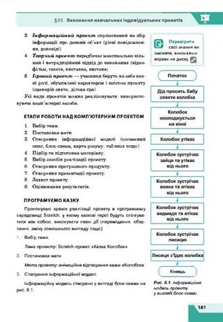 §20. Виконання навчальних індивідуальних проектів
3. Ін ф о р м а ц ій н и й проект спрямований на збір
інформації про деякий об’єкт (рівні повідомлен­
ня, доповіді).
4. Т во р чи й проект передбачає максимально віль­
ний і нетрадиційний підхід до виконання (відесь
фільм, газета, виставка, вистава).
б. Ігр о ви й проект — учасники беруть на себе пев­
ні раті, обумовлені характером і змістом проекту
(сценарій свята, ділова гра).
Усі види проектів можна реалізовувати, використо­
вуючи комп’ютерні засоби.
ЕТАПИ РОБОТИ НАД КОМП'ЮТЕРНИМ ПРОЕКТОМ
1. Вибір теми.
2. Постановка мети.
3. Створення інформаційної моделі (словесний
опис, блок-схема, карта розуму, таблиця тощо).
4. Підбір та підготовка матеріалу.
5. Вибір засобів реалізації проекту.
6. Створення програмного продукту.
7. Створення презентації проекту'.
8. Захист проекту.
9. Оцінювання результатів.
ПРОГРАМУЄМО КАЗКУ
Пропонуємо зразок реалізації проекту в програмному
середовищі Scratch, у якому казкові герої будуть спілкува­
тися між собою, виконувати певні дії (переміщення, обер­
тання, зміну зовнішнього вигляду тощо).
1. Вибір теми.
Тама проекту: Scratch-проект «Казка Колобок».
2. Постановка глети.
М ета проекту, анімаційнв відтворення казки «Колобок».
3. Створення інформаційної моделі.
©
Перевірити
свої знання ви
зможете, виконавши
вправи на диску. Q
Кінець
Інформаційну модель створено у вигляді блок-схеми на
рис. 6.1.
Рис. 6.1. Інформаційна
модель проекту
у вигляд/ блок-схеми
161
 