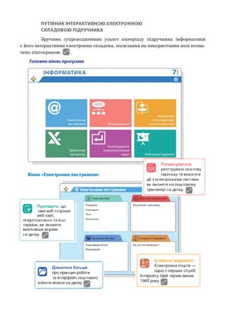 ПУТІВНИК ІНТЕРАКТИВНОЮ ЕЛЕКТРОННОЮ
СКЛАДОВОЮ ПІДРУЧНИКА
Зручним супроводженням усього матеріалу підручника інформатики
є його інтерактивна електронна складова, посилання на використання якої позна­
чено піктограмою •
Головне вікно програми
ІНФОРМАТИКА 7 ]
Вікно «Електронне листування»
@ Електронне листування
Перевір себе
Потренуватися
реєструвати поштову
скриньку та виконати
дії з електронними листами
ви зможете на поштовому
тренажері на диску.
Пригадати, що
таке веб-сторінка,
веб-сайт,
гіперпосилання та інші
терміни, ви зможете,
виконавши вправи
на диску.
Виконай практично
Подумай Поштовий тренажер
Пригадай
Тест
Кросворд
Оті Дізнайся більше (^ г) Історичні відомості
Поштовий клієнт
Протоколи
□
Дізнатися більше
про принцип роботи
та інтерфейс поштового
клієнта можна на диску. І
Як усе починалось?
Історичні відомості
Електронна пошта —
одна з перших служб
Інтернету. Цей термін виник
1965 року. І
 