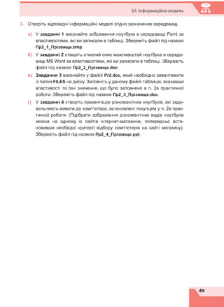 §5. Інформаційна модель
3. Створіть відповідні інформаційні моделі згідно зазначених середовищ.
а) У завданні 1 виконайте зображення ноутбука в середовищі Paint за
властивостями, які ви записали в таблиці. Збережіть файл під назвою
Пр2_1_Прізвище.Ьтр.
б) У завданні 2 створіть стислий опис можливостей ноутбука в середо­
вищі MS Word за властивостями, які ви записали в таблиці. Збережіть
файл під назвою Пр2_2_Прізвище.сіос.
в) Завдання 3 виконайте у файлі Pr2.doc, який необхідно завантажити
із папки FILES на диску. Заповніть у даному файлі таблицю, вказавши
властивості та їхні значення, що було заповнено в п. 2в практичної
роботи. Збережіть файл під назвою Пр2_3_Прізвище.сіос.
г) У завданні 4 створіть презентацію різноманітних ноутбуків, які задо­
вольняють вимоги до комп'ютера, встановлені покупцем у п. 2в прак­
тичної роботи. (Підібрати зображення різноманітних видів ноутбуків
можна на одному із сайтів інтернет-магазинів, попередньо вста­
новивши необхідні критерії відбору комп'ютерів на сайті магазину).
Збережіть файл під назвою Пр2_4_Прізвище.ррі
 