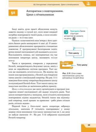 §8. Алгоритми з повторенням. Цикл з лічильником
§8
Алгоритми з повторенням.
Цикл з лічильником
Іноді навіть дуже прості обчислення можуть
завести людину в глухий кут, коли певні операції
потрібно повторювати тисячі разів, а коли мільйо­
ни разів — то й тим паче.
Однією з властивостей комп’ютера є його здат­
ність багато разів виконувати ті самі дії. З повто­
рюваними обчисленнями програмісти стикаються
повсякчас. У програмуванні багаторазове повто­
рення певної послідовності дій називають циклом.
Послідовність команд, які повторюються під час
виконання оператора циклу, називають тілом
циклу.
Часто в програмах, створених у середовищі
Scratch, використовують безумовні цикли, вихід з
яких не передбачено логікою програми. Такі ци­
кли ще називають нескінченними. На відміну від
інших мов програмування, у Scratch для створення
таких циклів є спеціальний оператор. На рис. 3.11
наведено блок-схему оператора безумовного циклу
та відповідний Scratch-блок. Тіло такого циклу ви­
конується постійно до закінчення роботи проекту.
Цикл з лічильником дає змогу організувати в програмі пов­
торення певної послідовності дій задану кількість разів. Такі
цикли використовують у випадках, коли кількість виконуваних
повторювань відома заздалегідь. Scratch також має відповід­
ний оператор, який працює за правилом: «роби рівно стільки
разів, скільки задано».
Перший блок у блок-схемі цього оператора зображує
лічильник, значення N (кількість повторювань) у якому
щоразу після виконання тіла циклу зменшується на 1, аж доки
не набуде значення «0». На рис. 3.12 зображено відповідний
Scratch-оператор.
Пригадати базові
структури
алгоритмів ви зможете
на диску.
£
Тіло циклу
— 1 =
Тіло циклу
Рис. 3.11. Блок-схема
нескінченного циклу та
відповідний Scratch-блок
69
 