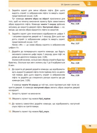 §9. Цикли з умовами
5. Задайте скрипт для зміни образів ліфта. Для цього
виділіть спрайт із зображенням ліфта та введіть скрипт
представлений на рис. 3.26.
Тут команда змінити образ на образі призначена для
того, щоб на початку виконання проекту було завантажено
образ відкритого ліфта. Команда чекати 1 секунд здійснює
затримку до закриття дверей ліфта. Наступний образ — ко­
манда, що змінює образ відкритого ліфта на закритий.
6. Задайте скрипт для початкового відображення цифри 1
і затримки відкритих дверей на 1 секунду. Для цього ви­
діліть спрайт із зображенням цифри та введіть скрипт
представлений на рис. 3.27.
Напис «11» — це назва образу скрипта із зображенням
цифри «1».
7. Додайте до попереднього скрипта команди, що будуть
змінювати значення цифр через 1 секунду, доки ліфт не
доїде до дев'ятого поверху (рис. 3.28).
Значення 8 означає, скільки змін образу спрайта буде від­
буватись. Оскільки при зміні значень від 1 до 9 відбувається
8 змін.
Рис. 3.27
повторити 0 Ічекати О секунд
наступний образї►
Рис. 3.28
. До скрипта дії дверей додайте команди, що відображати­
муть відкриття дверей ліфта після підйому його на дев'я­
тий поверх. Для цього виділіть спрайт із зображенням
ліфта та додайте до створеного раніше скрипта ще дві
команди (рис. 3.29).
У команді чекати 10 секунд це той час, коли піднімається ліфт після за­
криття дверей. А команда наступний образ змінить образ закритих дверей
на відкриті.
9. Запустіть проект на виконання.
10. Збережіть проект під назвою ПрЗ_підйом.
11. До проекту самостійно додайте команди, що відображають наступний
спуск ліфта на третій поверх.
12. Збережіть проект під назвою ПрЗ_спуск.
 