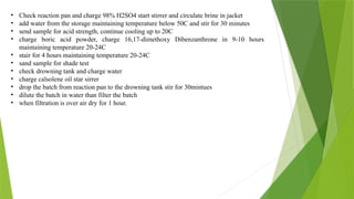 • Check reaction pan and charge 98% H2SO4 start stirrer and circulate brine in jacket
• add water from the storage maintaining temperature below 50C and stir for 30 minutes
• send sample for acid strength, continue cooling up to 20C
• charge boric acid powder, charge 16,17-dimethoxy Dibenzanthrone in 9-10 hours
maintaining temperature 20-24C
• stair for 4 hours maintaining temperature 20-24C
• sand sample for shade test
• check drowning tank and charge water
• charge calsolene oil star sirrer
• drop the batch from reaction pan to the drowning tank stir for 30mintues
• dilute the batch in water than filter the batch
• when filtration is over air dry for 1 hour.
 