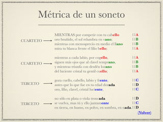 Métrica de un soneto
!
MIENTRAS por competir con tu cabello!
oro bruñido, el sol relumbra en vano;!
mientras con menosprecio en medio el llano!
mira tu blanca frente el lilio bello;!
!
mientras a cada labio, por cogello,!
siguen más ojos que al clavel temprano,!
y mientras triunfa con desdén lozano!
del luciente cristal tu gentil cuello;!
!
goza cuello, cabello, labio y frente,!
antes que lo que fue en tu edad dorada!
oro, lilio, clavel, cristal luciente,!
!
no sólo en plata o vïola troncada!
se vuelva, mas tú y ello juntamente!
en tierra, en humo, en polvo, en sombra, en nada.
CUARTETO
CUARTETO
TERCETO
TERCETO
11A!
11B!
11B!
11A!
!
11A!
11B!
11B!
11A!
!
11C!
11D!
11C!
!
11D!
11C!
11D
(Volver)
 