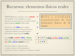 Recursos: elementos físicos reales
!
MIENTRAS por competir con tu cabello!
oro bruñido, el sol relumbra en vano;!
mientras con menosprecio en medio el llano!
mira tu blanca frente el lilio bello;!
!
mientras a cada labio, por cogello,!
siguen más ojos que al clavel temprano,!
y mientras triunfa con desdén lozano!
del luciente cristal tu gentil cuello;!
!
goza cuello, cabello, labio y frente,!
antes que lo que fue en tu edad dorada!
oro, lilio, clavel, cristal luciente,!
!
no sólo en plata o vïola troncada!
se vuelva, mas tú y ello juntamente!
en tierra, en humo, en polvo, en sombra, en nada.
B e l l a y e s t u d i a d a
org anización de los
elementos físicos de la
mujer.
1º
2º
3º
4º
4º 1º 3º 2º = abajo, arriba, abajo, arriba.
1º 2º 3º 4º
 