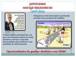 JUNTOS SOMOS
MAIS QUE VENCEDORES EM
CRISTOJESUS
Obrigado por está interessado e precisando
entender nossa proposta de trabalho.
O nosso objetivo principal não é só
que você consuma anuncie ou venda
produtos e serviços e sim,criar
oportunidades para melhorar a sua
qualidade de vida financeira.
Oportunidades de ganhar dinheiro com MMN
 