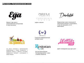 Фестиваль «Гастрономические ночи»
Медиа-ресурс нового поколения об
алкогольных напитках, гастрономии и
о том, как смешивать, но не
взбалтывать.
Дайте телевидению еще один шанс!
радио со вкусомЖурнал о еде, вине и
гастрономических путешествиях
это масса полезной и увлекательной
информации о новых продуктах, о
правилах этикета, о диетах и системах
правильного питания, о ресторанах и
шеф-поварах.
Городской информационный
интернет-канал
В стадии переговоров
Все рестораны Москвы.
Ресторанный рейтинг, заказ
столиков и банкетов.
 