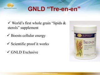 GNLD “Tre-en-en”

      World’s first whole grain “lipids &
     sterols” supplement

      Boosts cellular energy

      Scientific proof it works

      GNLD Exclusive




13                         ©2006GNLD International
 