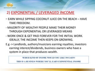 2) EXPONENTIAL / LEVERAGED INCOME
- EARN WHILE SIPPING COCONUT JUICE ON THE BEACH – HAVE
   TIME FREEDOM.
- MAJORITY OF WEALTHY PEOPLE MAKE THEIR MONEY
   THROUGH EXPONENTIAL OR LEVERAGED MEANS
- WORK ONCE & GET PAID FOREVER FOR THE INITIAL WORK.
   IDEALLY, THE INCOME THEN KEEPS ON GROWING.
E.g -> Landlords, authors/musicians earning royalties, investors
   earning interest/dividends, business owners who have a
   system in place that produces wealth.
             WHICH KIND OF INCOME WOULD YOU LIKE TO EARN?
        THIS IS A BUSINESS WHERE YOU’LL EARN EXPONENTIAL INCOME
 