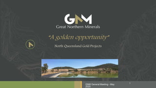 “A golden opportunity”
North Queensland Gold Projects
GNM General Meeting - May
2020
1
 