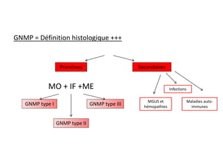 GNMP = Définition histologique +++
Primitives Secondaires
GNMP type I
GNMP type II
GNMP type III
MO + IF +ME Infections
Maladies auto-
immunes
MGUS et
hémopathies
 