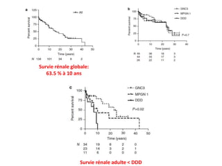 Survie rénale globale:
63.5 % à 10 ans
Survie rénale adulte < DDD
 