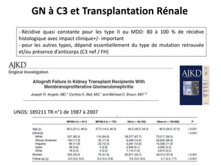 GN à C3 et Transplantation Rénale
- Récidive quasi constante pour les type II ou MDD: 80 à 100 % de récidive
histologique avec impact clinique+/- important
- pour les autres types, dépend essentiellement du type de mutation retrouvée
et/ou présence d’anticorps (C3 nef / FH)
UNOS: 189211 TR n°1 de 1987 à 2007
 