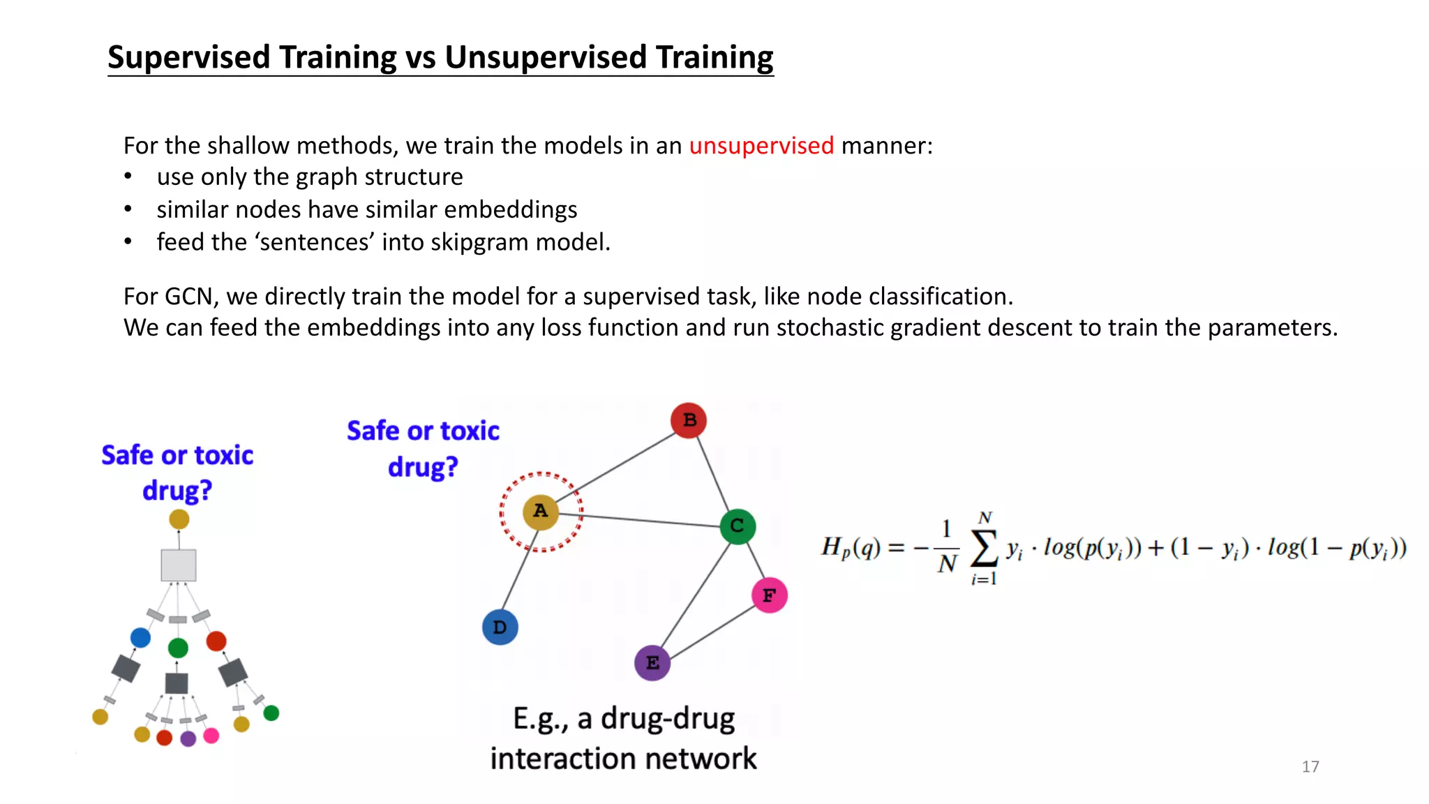 Supervised Training vs Unsupervised Training
For the shallow methods, we train the models in an unsupervised manner:
• use only the graph structure
• similar nodes have similar embeddings
• feed the ‘sentences’ into skipgram model.
For GCN, we directly train the model for a supervised task, like node classification.
We can feed the embeddings into any loss function and run stochastic gradient descent to train the parameters.
17
 