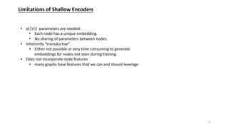 Limitations of Shallow Encoders
• o(|V|) parameters are needed:
• Each node has a unique embedding.
• No sharing of parameters between nodes.
• Inherently “transductive”:
• Either not possible or very time consuming to generate
embeddings for nodes not seen during training.
• Does not incorporate node features
• many graphs have features that we can and should leverage
13
 