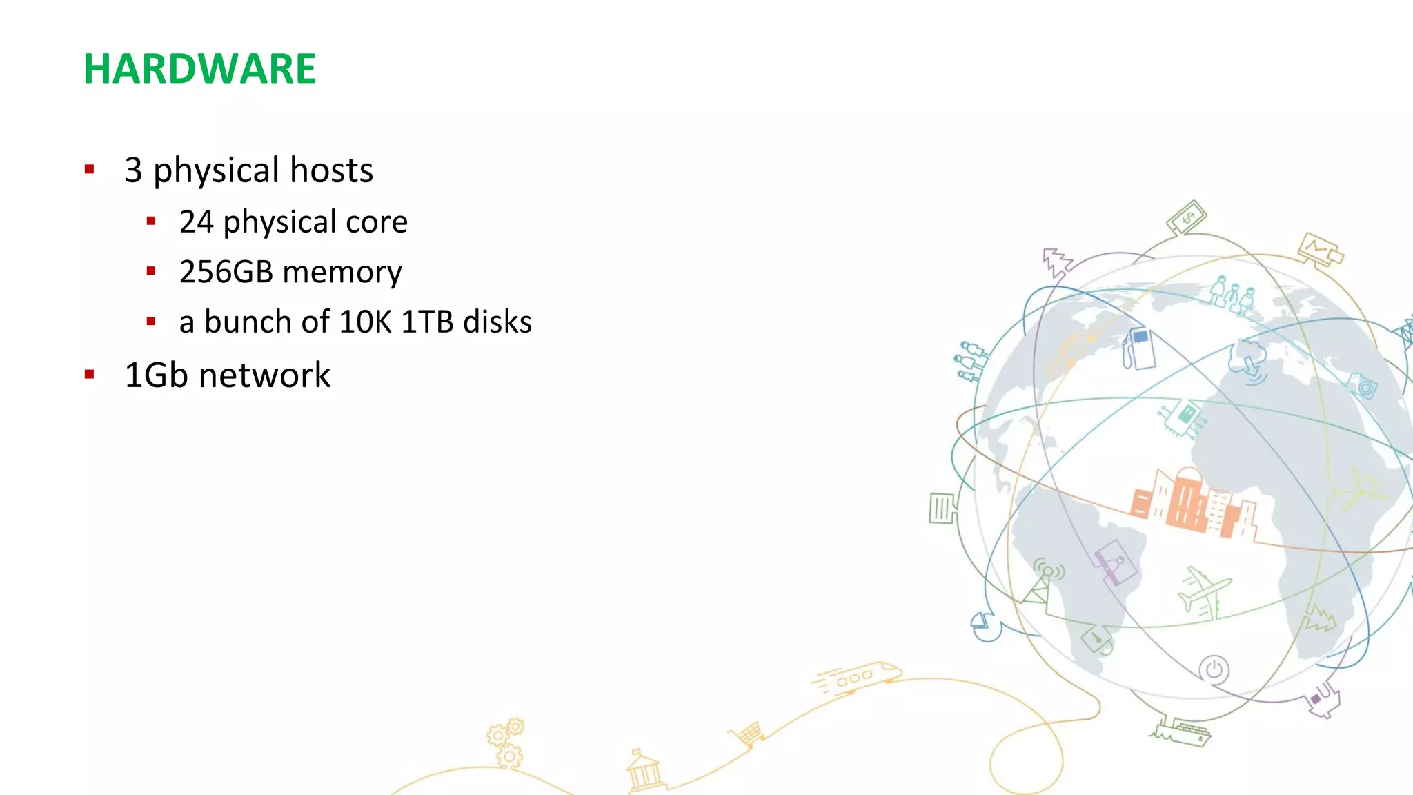 HARDWARE
▪ 3 physical hosts
▪ 24 physical core
▪ 256GB memory
▪ a bunch of 10K 1TB disks
▪ 1Gb network
 