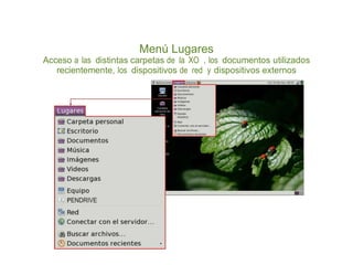 Menú Lugares
Acceso a las distintas carpetas de la XO , los documentos utilizados
   recientemente, los dispositivos de red y dispositivos externos
 