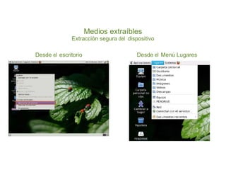 Medios extraíbles
              Extracción segura del dispositivo

Desde el escritorio                     Desde el Menú Lugares
 